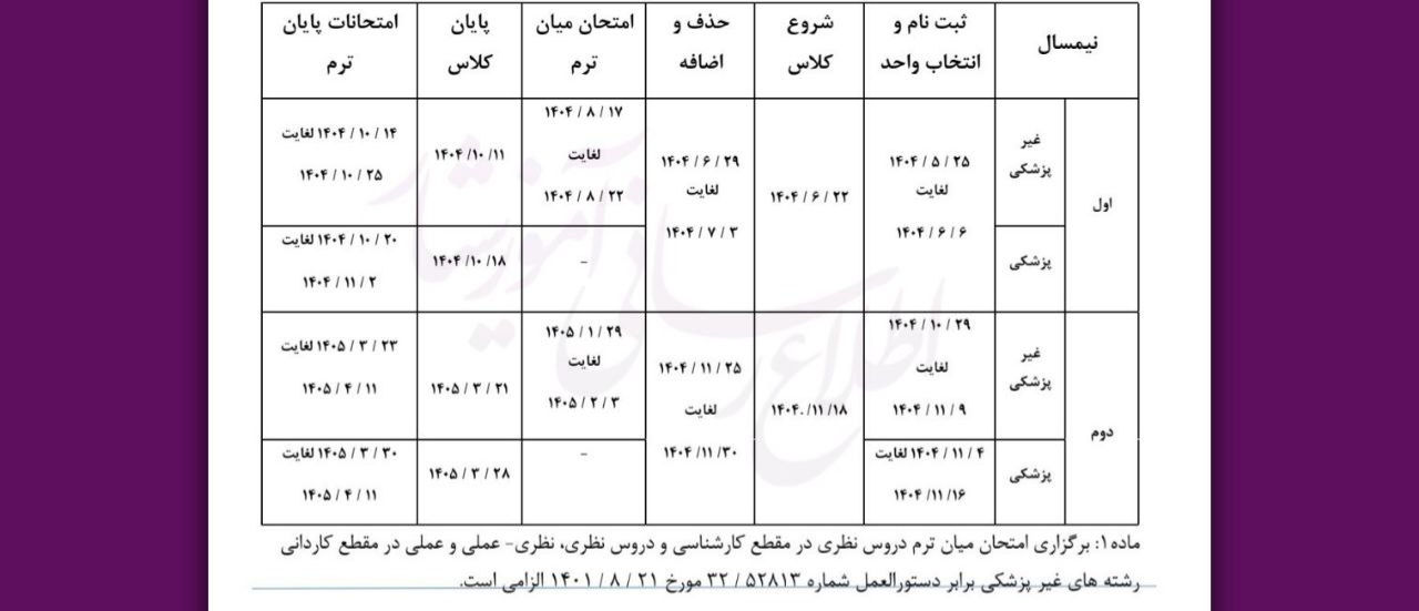 تقویم آموزشی سال تحصیلی ۱۴۰۴ - ۱۴۰۵ ترم بهمن دانشگاه آزاد